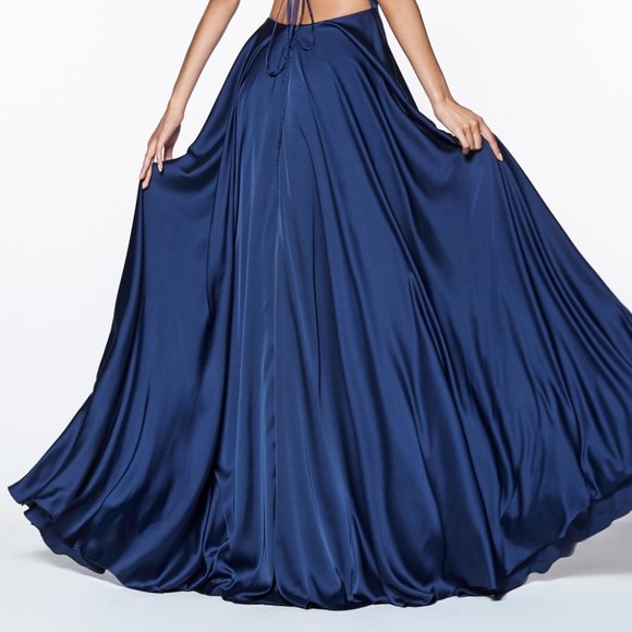 NAVY PROM PARTY EVENING Straight Neck A-Line Satin MAXI LONG Dress CDCJ527 - Picture 3 of 5